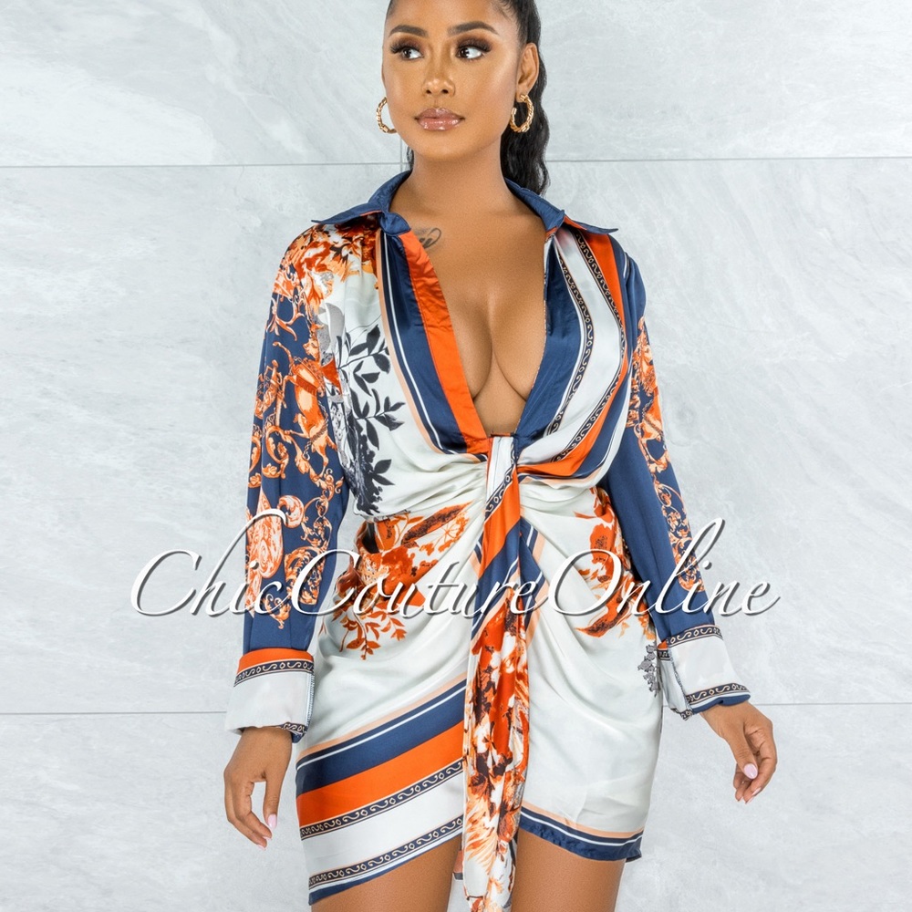 Kezya Navy Orange Print Buttons Drape Shirt Dress